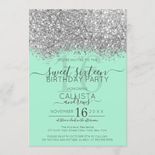 Luxury Silver Neo Mint Glitter Confetti Sweet 16 Invitation