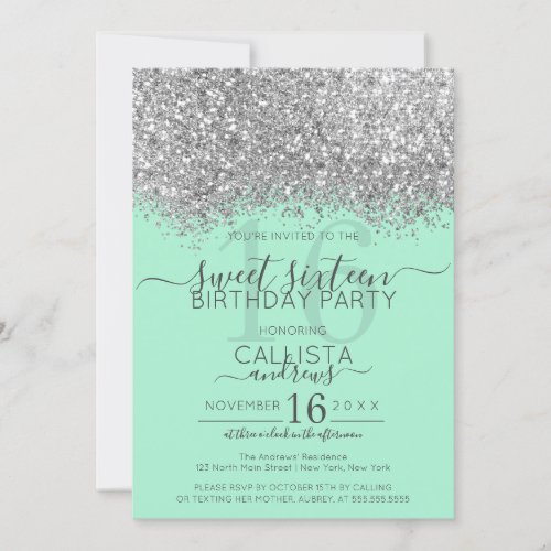 Luxury Silver Neo Mint Glitter Confetti Sweet 16 Invitation