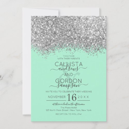 Luxury Silver Neo Mint Glitter Confetti Wedding Invitation