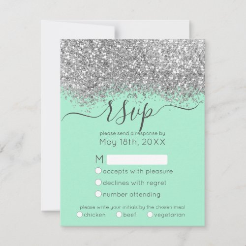 Luxury Silver Neo Mint Glitter Confetti Wedding RSVP Card