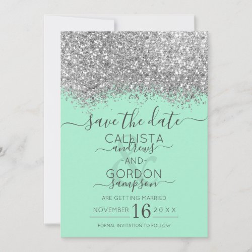 Luxury Silver Neo Mint  Glitter Confetti Wedding Save The Date