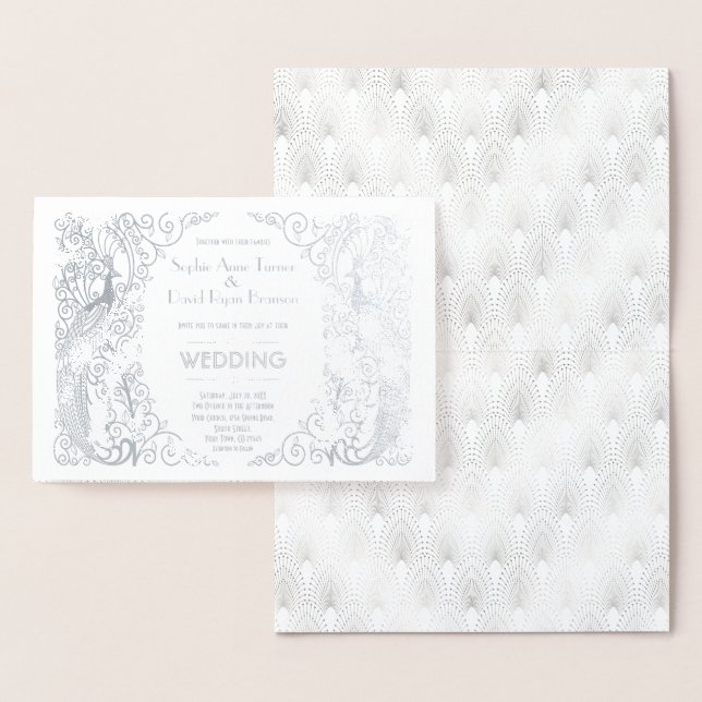 Luxury Silver Peacock Art Deco 20s Wedding Foil Card (Display)