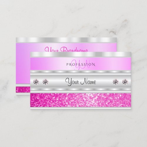 Luxury Silver Pink Sparkling Glitter with Monogram Business Card