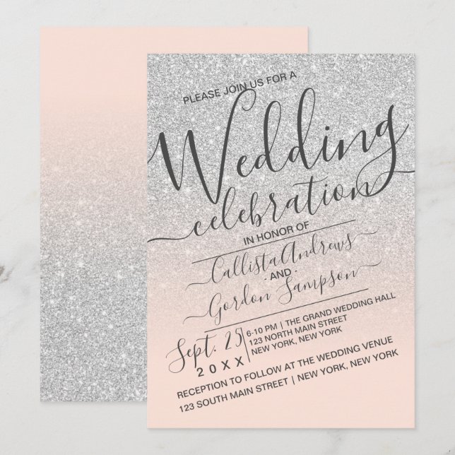 Luxury Silver Pink Sparkly Glitter Ombre Wedding Invitation (Front/Back)