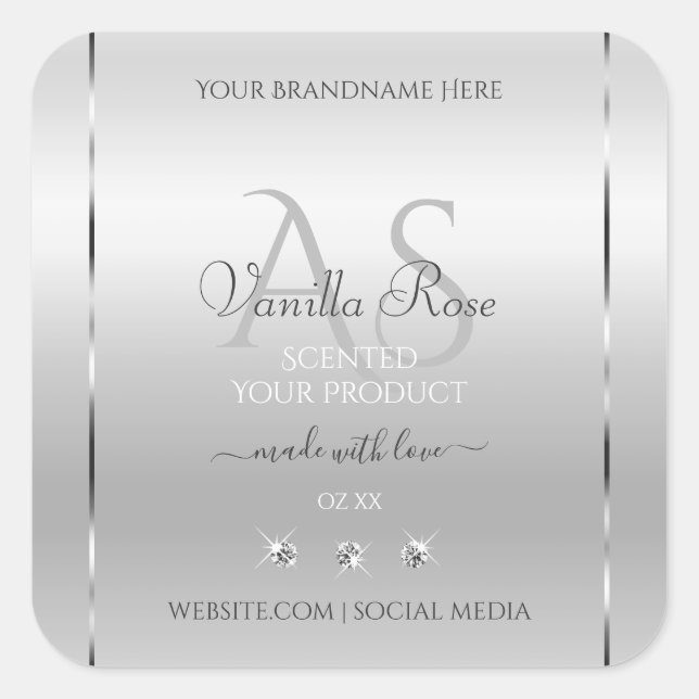 Luxury Silver Product Labels Diamonds and Monogram (Front)