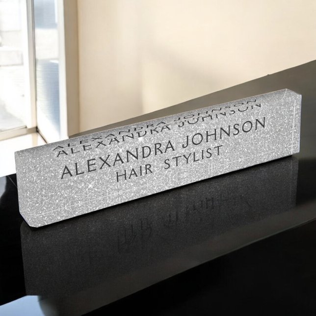 Luxury Silver Professional Glitter Sparkle Modern Desk Name Plate (Creator Uploaded)