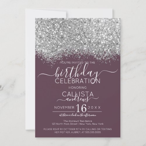 Luxury Silver Purple Glitter Confetti Birthday Invitation