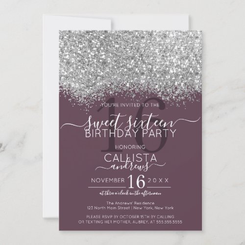 Luxury Silver Purple Glitter Confetti Sweet 16 Invitation