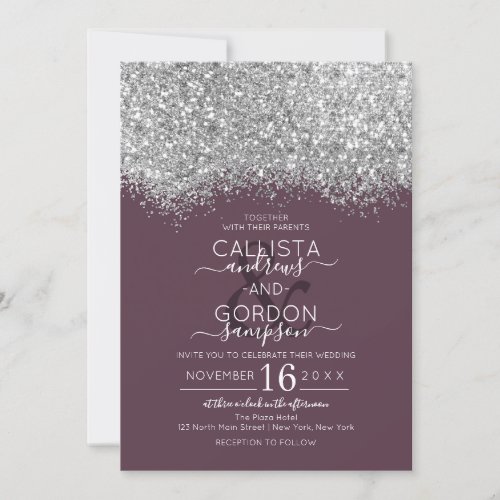 Luxury Silver Purple Glitter Confetti Wedding Invitation