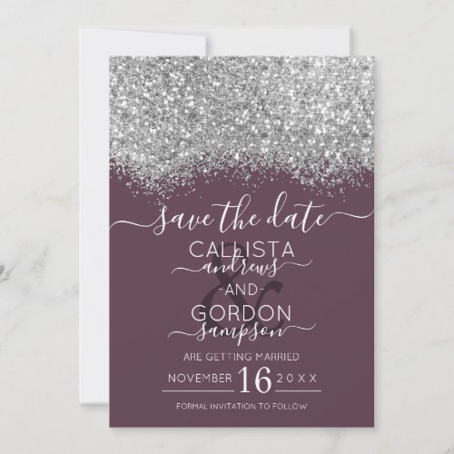 Luxury Silver Purple Glitter Confetti Wedding Save The Date