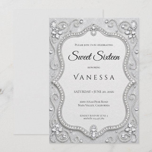 Luxury Silver Rhinestones Glitter sweet 16 Invitation (Front/Back)