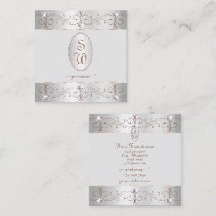 Luxury Silver Rose Gold Ornate Ornaments Initials Square Business Card