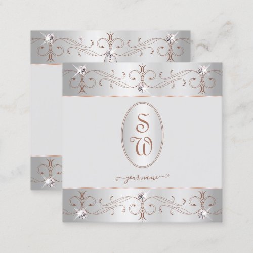 Luxury Silver Rose Gold Ornate Ornaments Initials Square Business Card