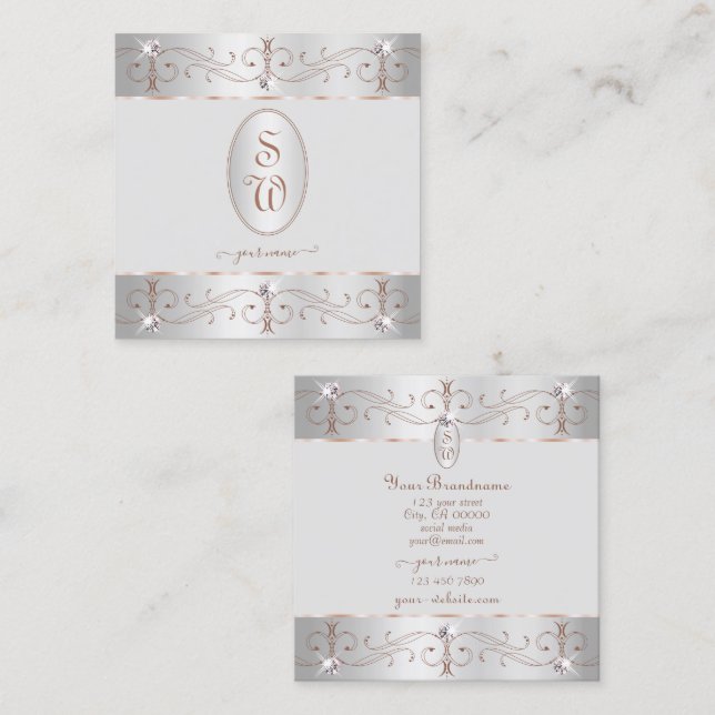 Luxury Silver Rose Gold Ornate Ornaments Initials Square Business Card (Front/Back)