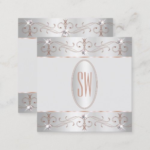 Luxury Silver Rose Gold Ornate Ornaments Monogram Square Business Card