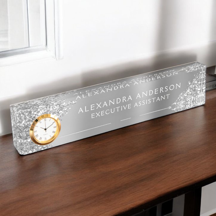 Luxury Silver Sparkle Glitter Beauty Professional Desk Name Plate