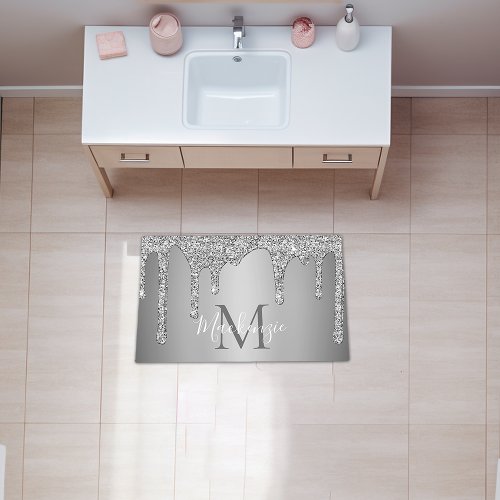 Luxury Silver Sparkle Glitter Drips Monogram Rug