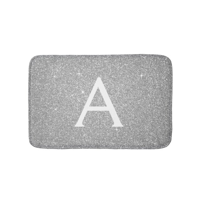 Luxury Silver Sparkle Glitter Monogram Name Bath Mat (Front)