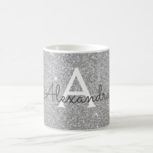 Luxury Silver Sparkle Glitter Monogram Name Coffee Mug