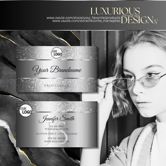 Luxury Silver Sparkle Glitter Stars Logo Initial Business Card (Creator Uploaded)