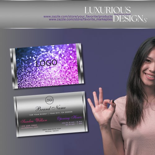 Luxury Silver Sparkle Pink Purple Glitter and Logo Business Card