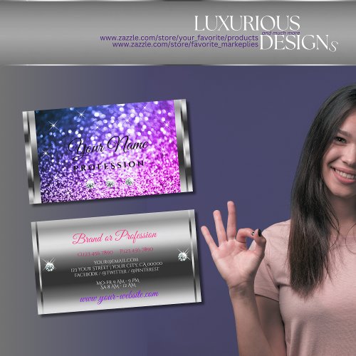 Luxury Silver Sparkle Pink Purple Glitter Diamonds Business Card