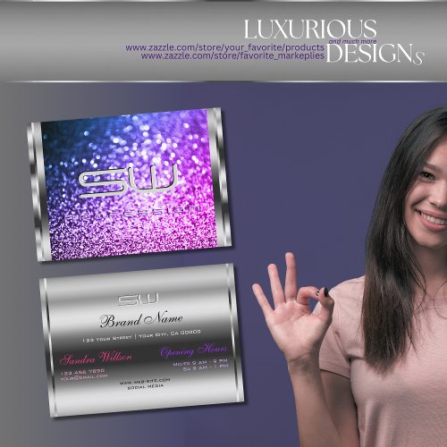 Luxury Silver Sparkle Pink Purple Glitter Initials Business Card