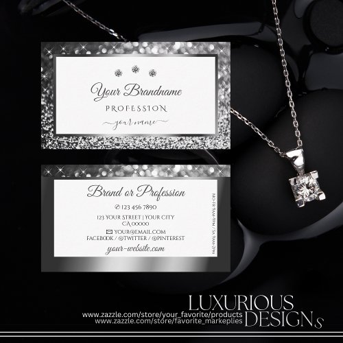 Luxury Silver Sparkling Glitter Diamonds on White Business Card