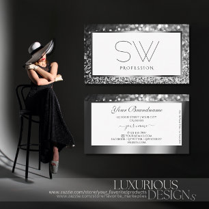 Luxury Silver Sparkling Glitter on White Monogram Business Card
