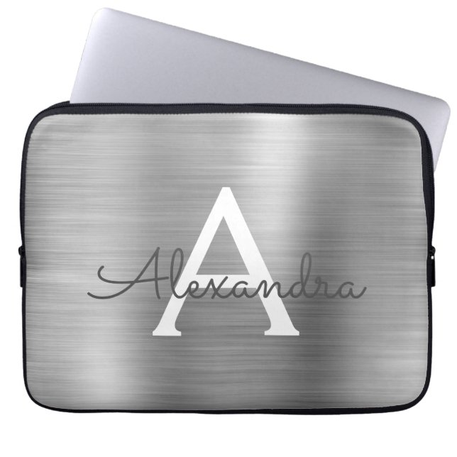 Luxury Silver Stainless Steel Monogram Laptop Sleeve (Front)