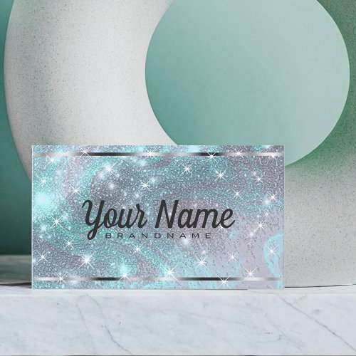 Luxury Silver Teal Marbled Glitter Shiny Stars  Business Card