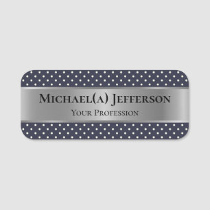 Luxury Silver White Dark Blue Polka Dots Name Tag