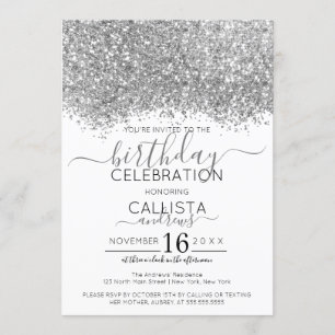Luxury Silver White Glitter Confetti Birthday Invitation