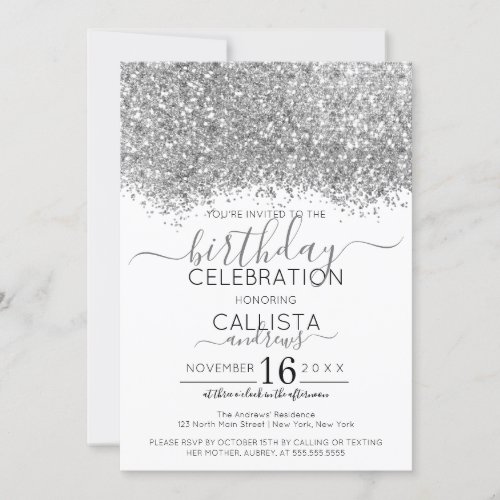 Luxury Silver White Glitter Confetti Birthday Invitation