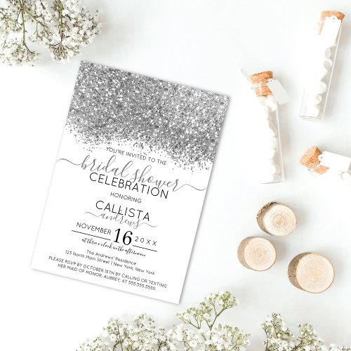 Luxury Silver White Glitter Confetti Bridal Shower Invitation