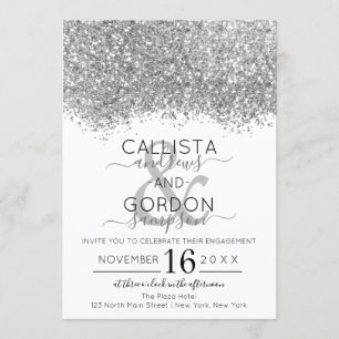 Luxury Silver White Glitter Confetti Engagement Invitation