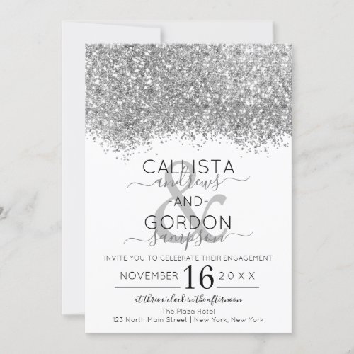 Luxury Silver White Glitter Confetti Engagement Invitation