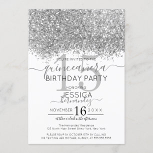 Luxury Silver White Glitter Confetti Quinceañera Invitation