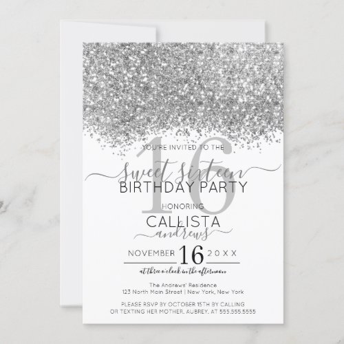 Luxury Silver White Glitter Confetti Sweet 16 Invitation