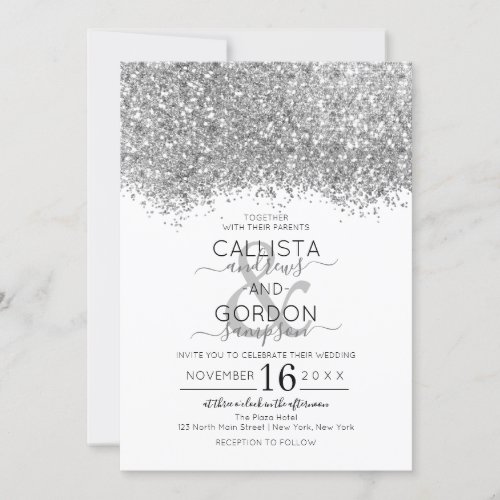 Luxury Silver White Glitter Confetti Wedding Invitation