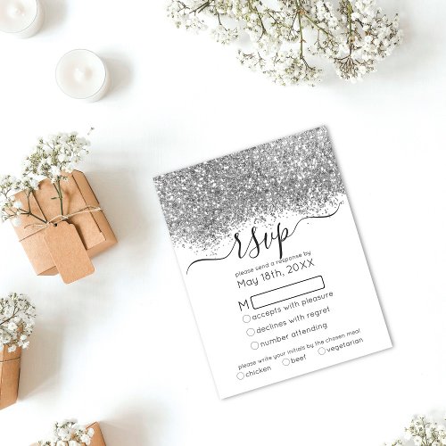 Luxury Silver White Glitter Confetti Wedding RSVP Card