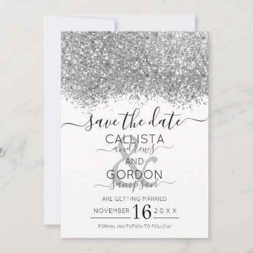 Luxury Silver White Glitter Confetti Wedding Save The Date