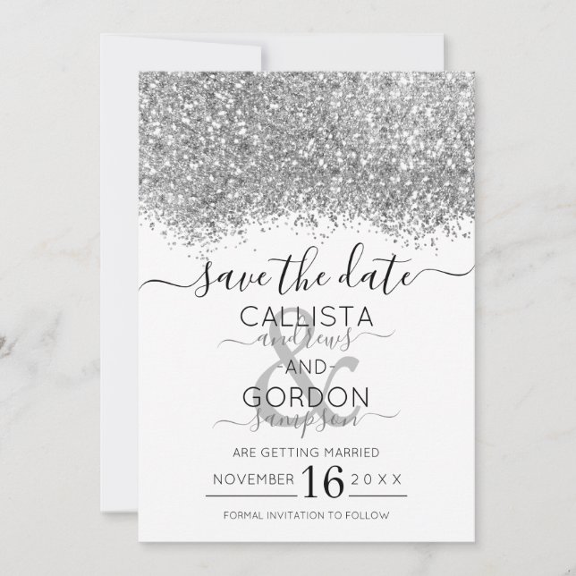 Luxury Silver White Glitter Confetti Wedding Save The Date (Front)