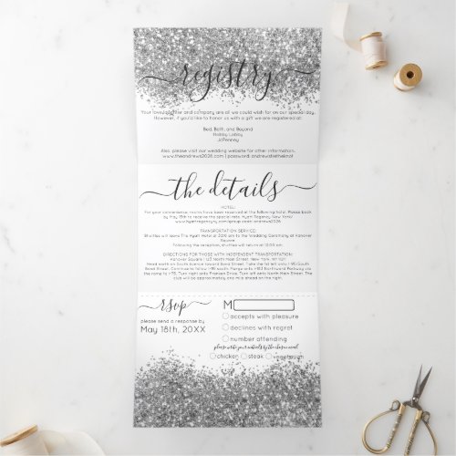 Luxury Silver White Glitter Registry Detail RSVP Tri_Fold Invitation