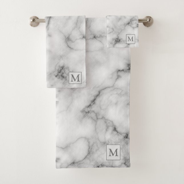 Luxury Silver White Marble Monogrammed Bath Towel Set (Insitu)