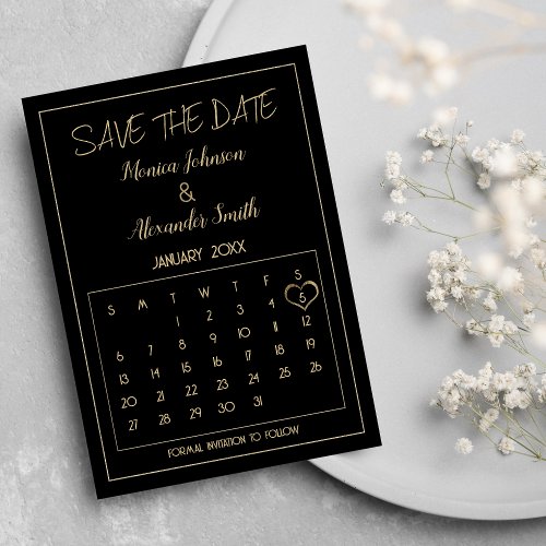 Luxury Simple Black Gold Calendar Save the Date  Announcement Postcard