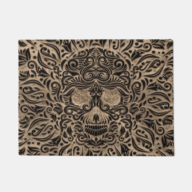 Luxury Skull Ornament Black and Gold Doormat (Front)