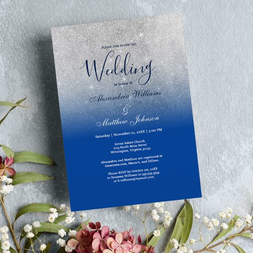 Luxury sky blue ombre silver glitter Wedding Invitation