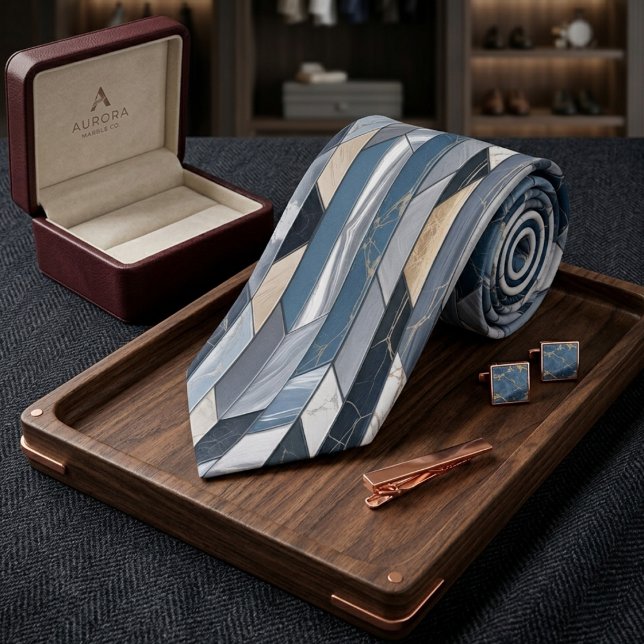 Luxury Slate Blue Marble Geometric Mosaic Neck Tie (Creator Uploaded)