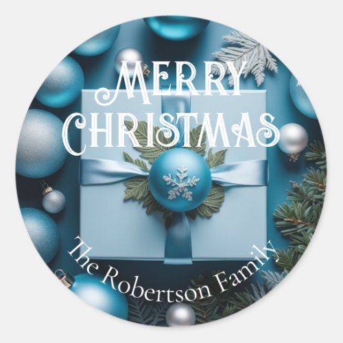 Luxury Soft Light Blue  Silver Christmas Gifts  Classic Round Sticker